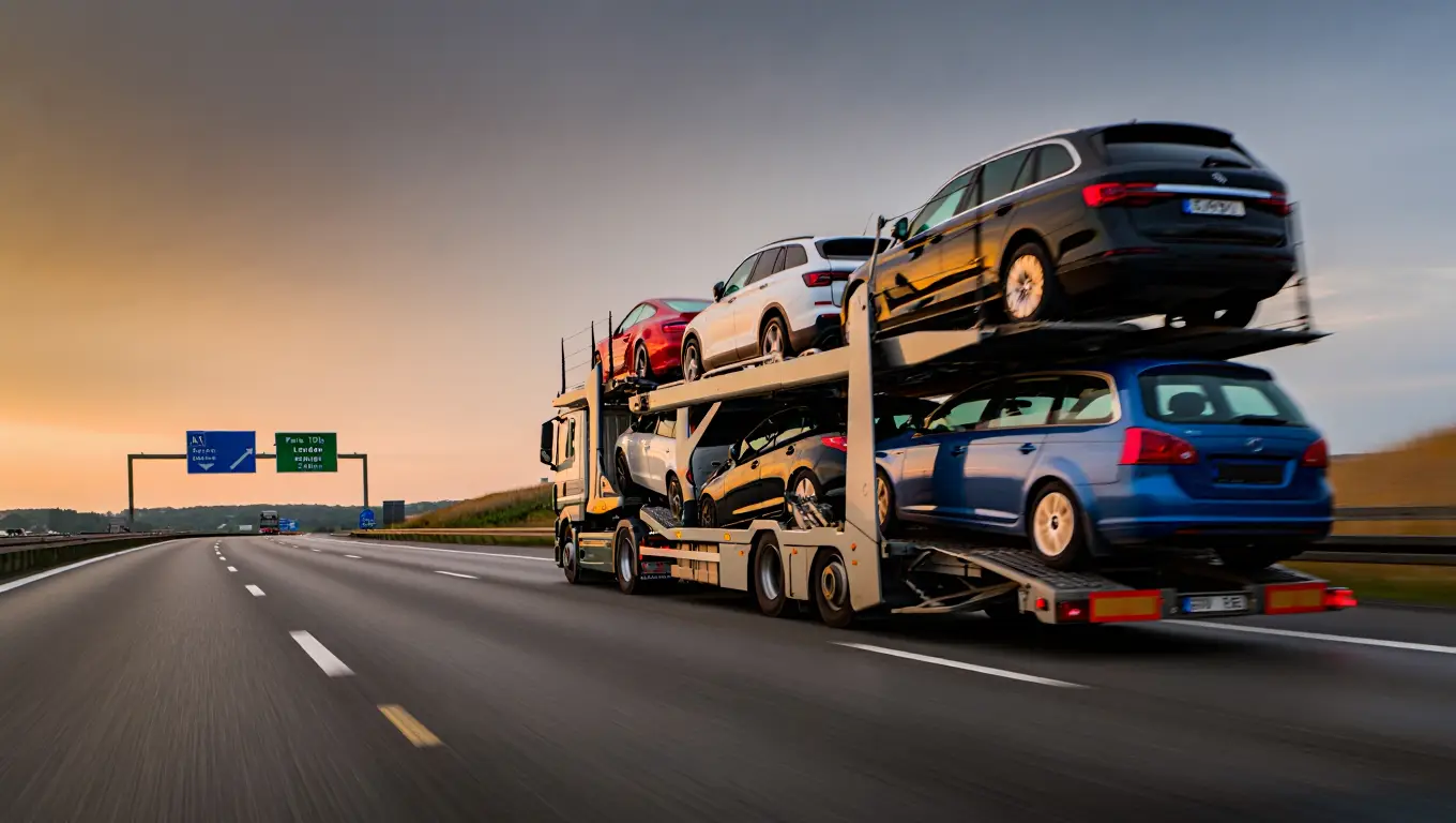 Auto pārvešanas tralis uz šosejas Eiropā